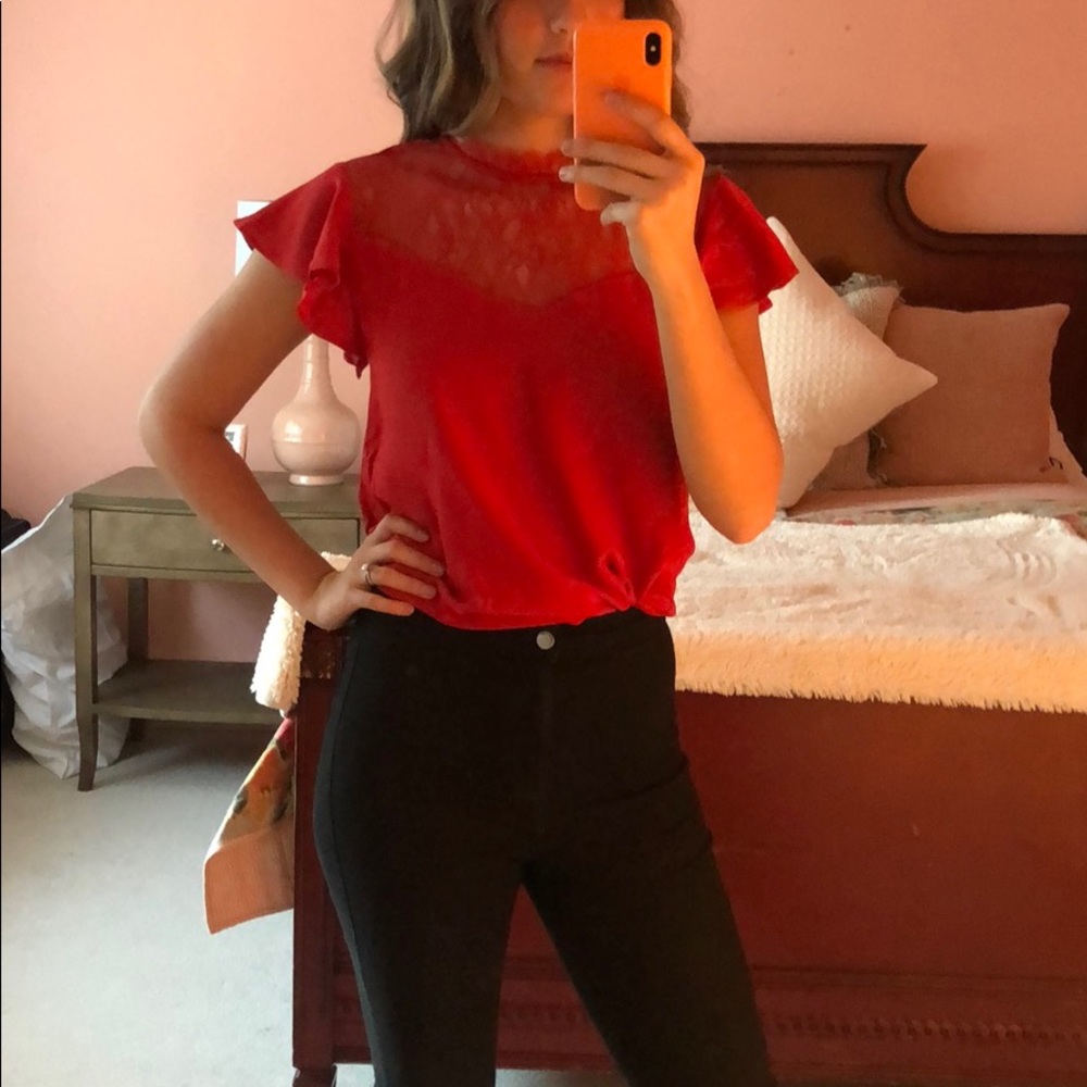 H&M Red Lace Flutter Sleeve Top